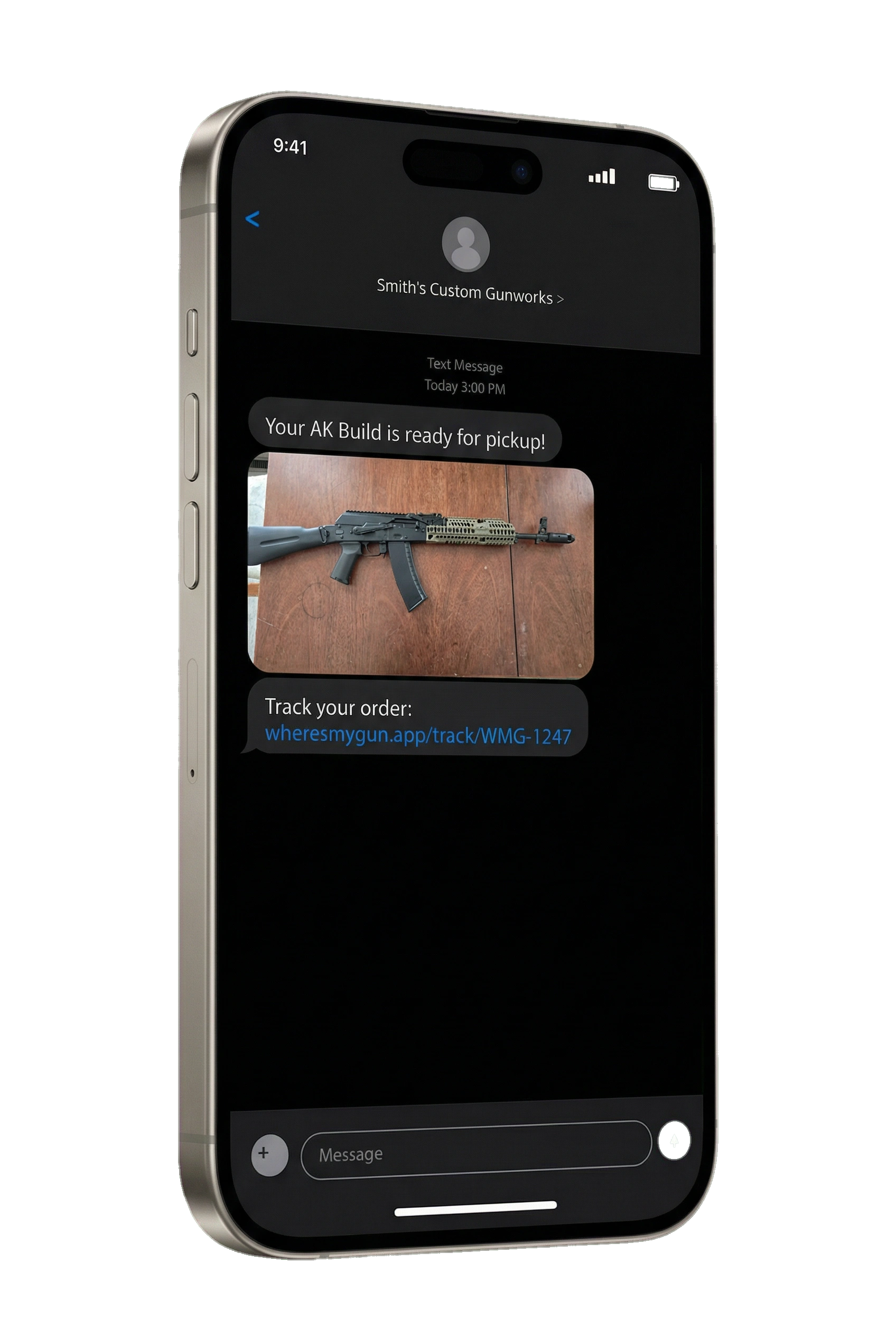 iPhone showing customer notification - Your AK build is ready for pickup from gunsmith